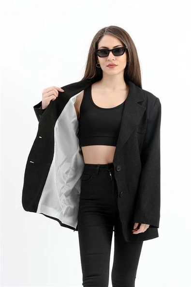 Arkası Çift Yırtmaç Keten Ceket - Siyah - Resim 5