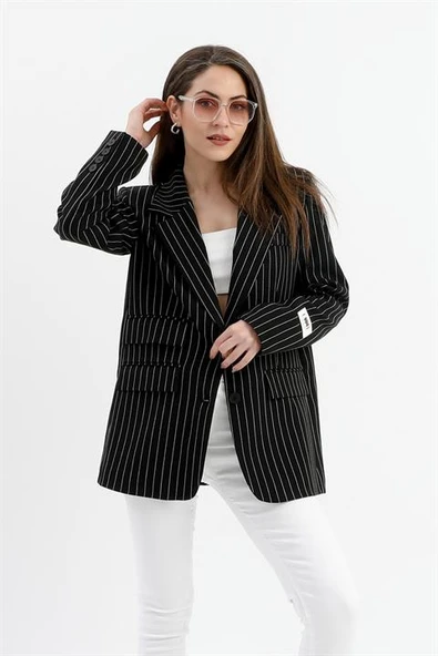 Üç Cep Kapaklı Çizgili Poliviskon Ceket - Siyah ürün görseli 1