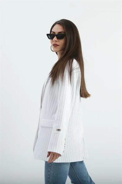 Üç Cep Kapaklı Çizgili Poliviskon Ceket - Ekru - Resim 7