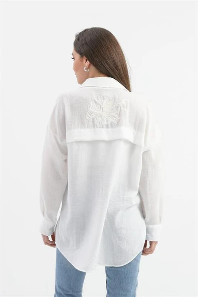 Pulpayet Nakışlı Keten Gömlek - Ekru - Resim 5