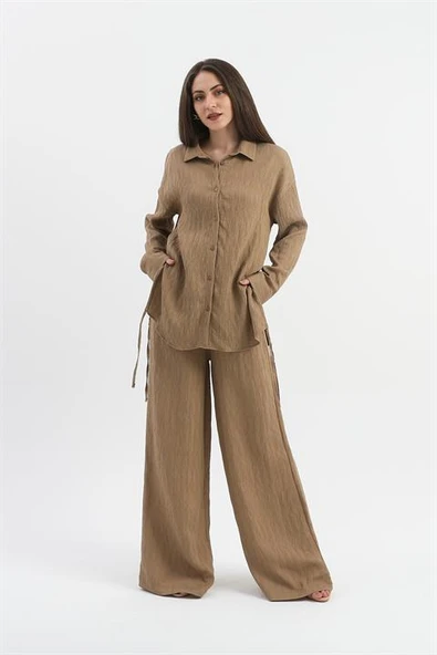 Yandan Bağlamalı Tunik Gömlek - Vizon - Resim 3