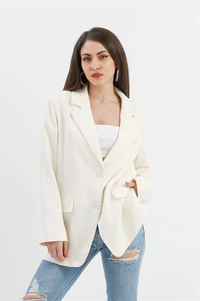 Arkası Çift Yırtmaç Keten Ceket - Ekru ürün görseli 1