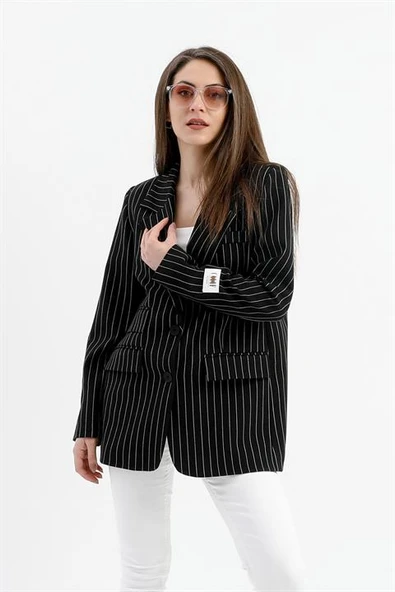 Üç Cep Kapaklı Çizgili Poliviskon Ceket - Siyah - Resim 3