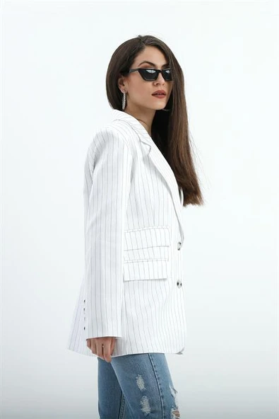 Üç Cep Kapaklı Çizgili Poliviskon Ceket - Ekru - Resim 5