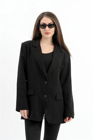 Arkası Çift Yırtmaç Keten Ceket - Siyah - Resim 2