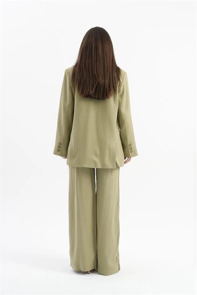 Arkası Çift Yırtmaç Keten Ceket - Yağ Yeşili - Resim 5