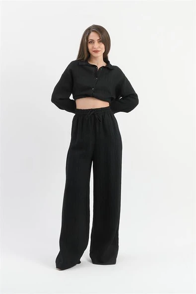 Yüksek Bel Cepli Krinkıl Kumaş Pantolon - Siyah ürün görseli 1