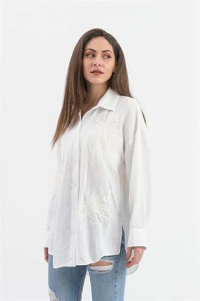 Pulpayet Nakışlı Keten Gömlek - Ekru - Resim 3