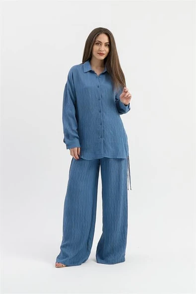 Yüksek Bel Cepli Krinkıl Kumaş Pantolon - İndigo - Resim 2