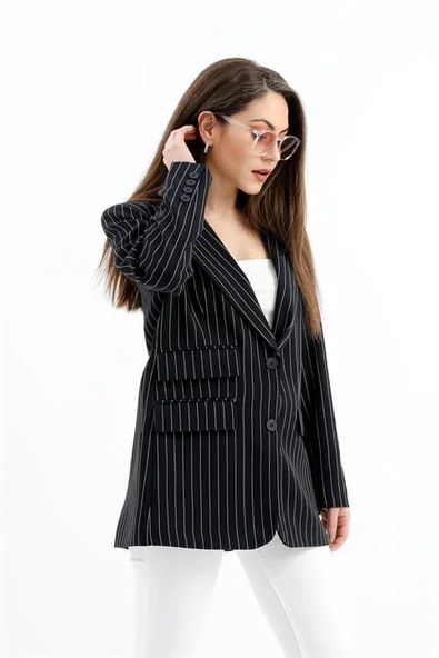 Üç Cep Kapaklı Çizgili Poliviskon Ceket - Lacivert - Resim 2