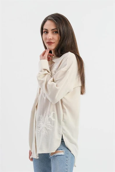 Pulpayet Nakışlı Keten Gömlek - Bej - Resim 4
