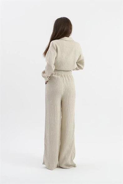 Yüksek Bel Cepli Krinkıl Kumaş Pantolon - Taş - 3