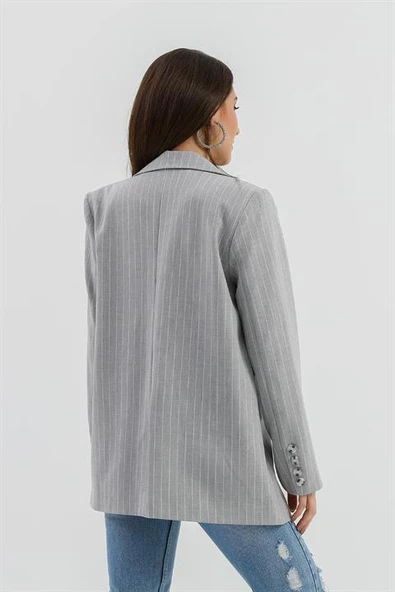 Üç Cep Kapaklı Çizgili Poliviskon Ceket - Gri - Resim 7