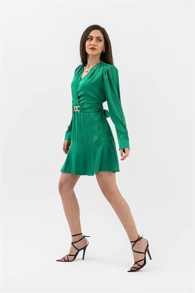 Kruvaze Yaka Metal Tokalı Saten Elbise - Yeşil - Resim 3