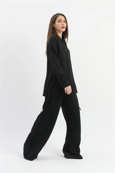 Yandan Bağlamalı Tunik Gömlek - Siyah - Resim 3