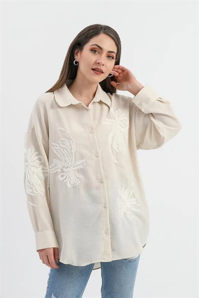 Pulpayet Nakışlı Keten Gömlek - Bej ürün görseli 1