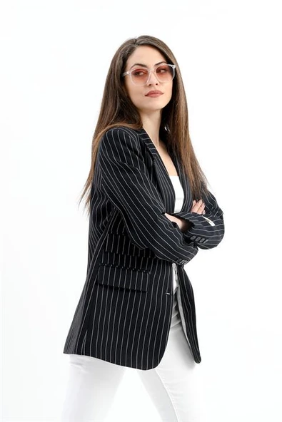 Üç Cep Kapaklı Çizgili Poliviskon Ceket - Lacivert - Resim 4