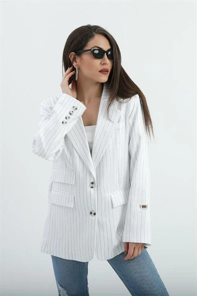 Üç Cep Kapaklı Çizgili Poliviskon Ceket - Ekru ürün görseli 1