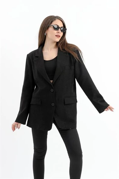 Arkası Çift Yırtmaç Keten Ceket - Siyah - Resim 6