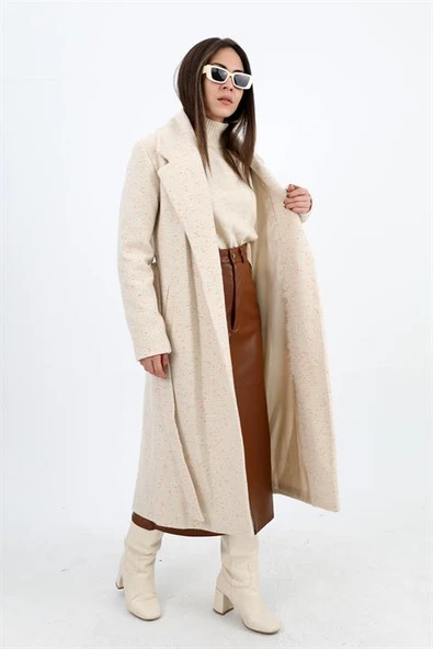 Kruvaze Yaka Fleto Cepli Uzun Kaban - Ekru - 4