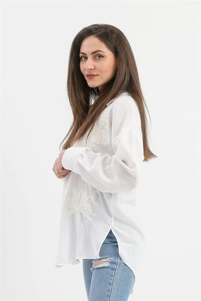 Pulpayet Nakışlı Keten Gömlek - Ekru - Resim 4
