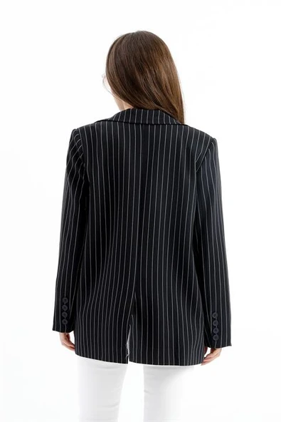 Üç Cep Kapaklı Çizgili Poliviskon Ceket - Lacivert - Resim 5