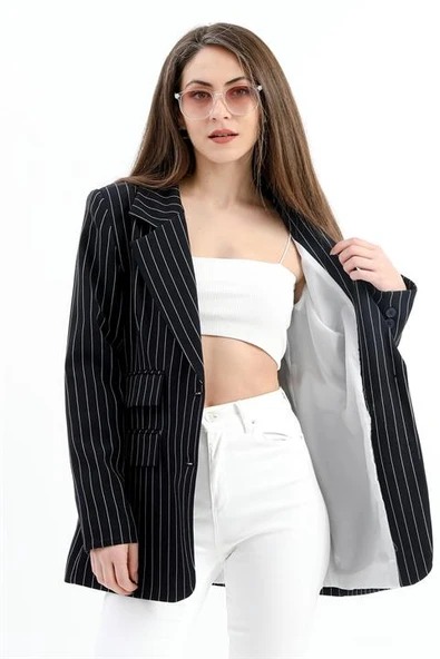 Üç Cep Kapaklı Çizgili Poliviskon Ceket - Lacivert - Resim 3