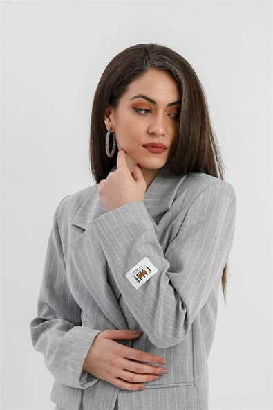 Üç Cep Kapaklı Çizgili Poliviskon Ceket - Gri - Resim 4