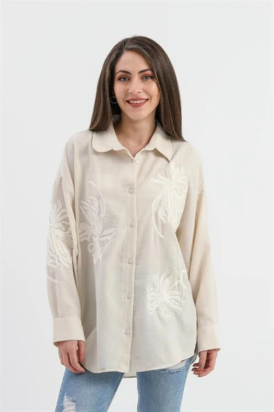 Pulpayet Nakışlı Keten Gömlek - Bej - Resim 2