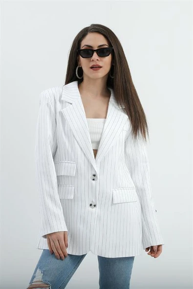 Üç Cep Kapaklı Çizgili Poliviskon Ceket - Ekru - Resim 3