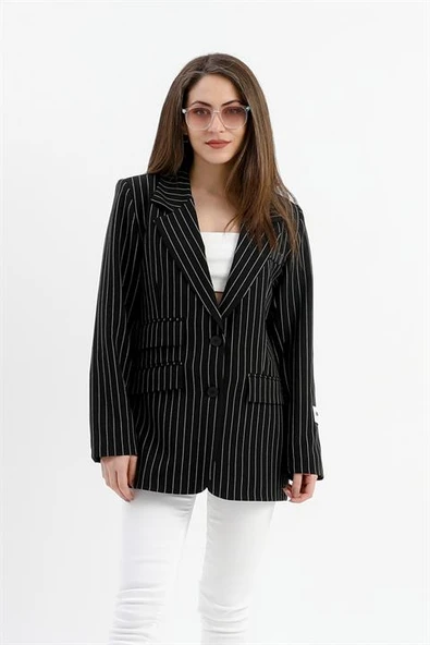 Üç Cep Kapaklı Çizgili Poliviskon Ceket - Siyah - Resim 2