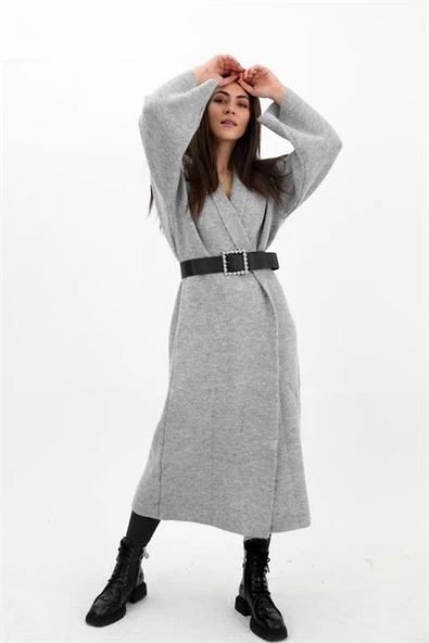 Uzun Salaş Triko Hırka - Gri - Resim 4