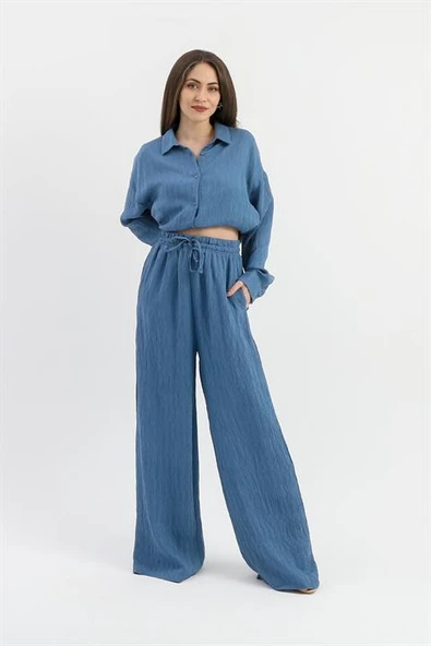 Yüksek Bel Cepli Krinkıl Kumaş Pantolon - İndigo ürün görseli 1