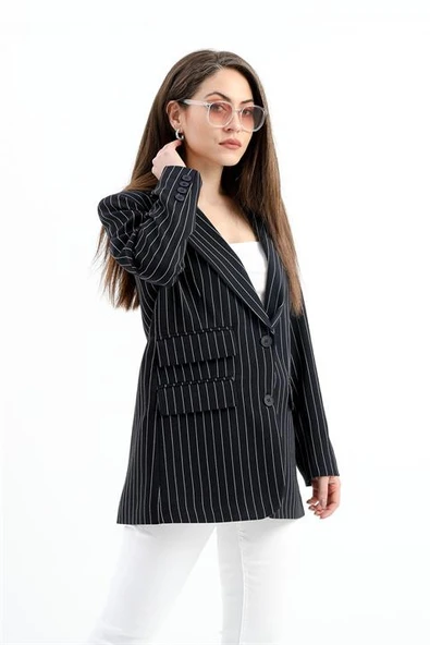 Üç Cep Kapaklı Çizgili Poliviskon Ceket - Siyah - Resim 4