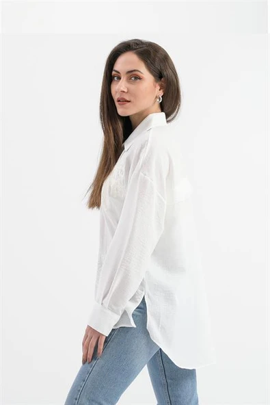 Pulpayet Nakışlı Keten Gömlek - Ekru - Resim 2