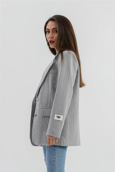 Üç Cep Kapaklı Çizgili Poliviskon Ceket - Gri - Resim 5