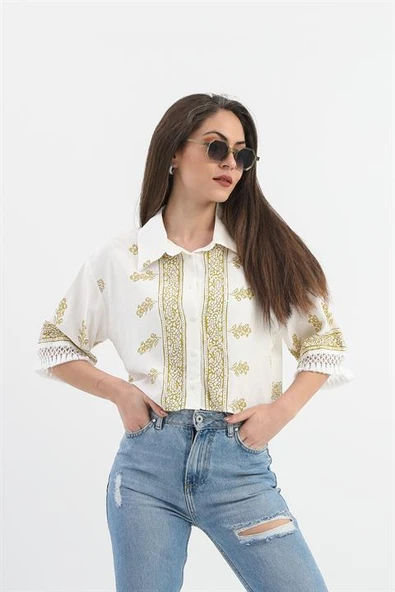 Antik Desenli Kolları Püsküllü Gömlek - Haki - Resim 3