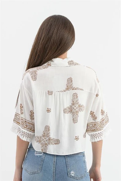 Antik Desenli Kolları Püsküllü Gömlek - Kahverengi - Resim 5