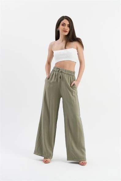 Parlak Keten Cepli Beli Lastikli Pantolon - Haki - Resim 2