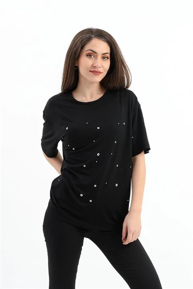 Bisiklet Yaka Halka Ve Boncuk Detaylı T-shirt - Siyah - Resim 2