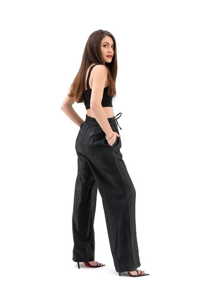 Parlak Keten Cepli Beli Lastikli Pantolon - Siyah - Resim 5