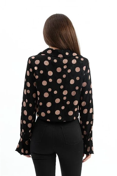 Omuzları Vatkalı Kolları Volanlı Puantiyeli Saten Gömlek - Siyah-Camel - Resim 5