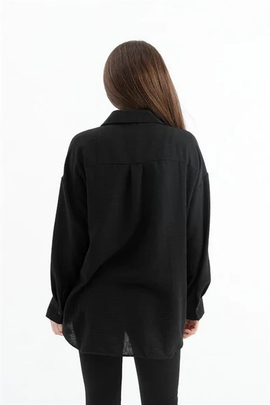 Taşlı Kalp İşlemeli Keten Gömlek - Siyah - Resim 6