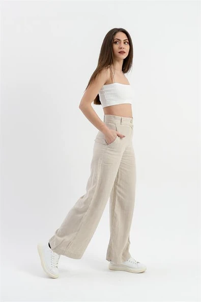 Yüksek Bel Bol Paça Keten Pantolon - Taş - Resim 3