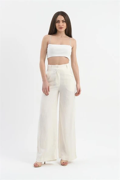 Yüksek Bel Bol Paça Keten Pantolon - Ekru - Resim 2