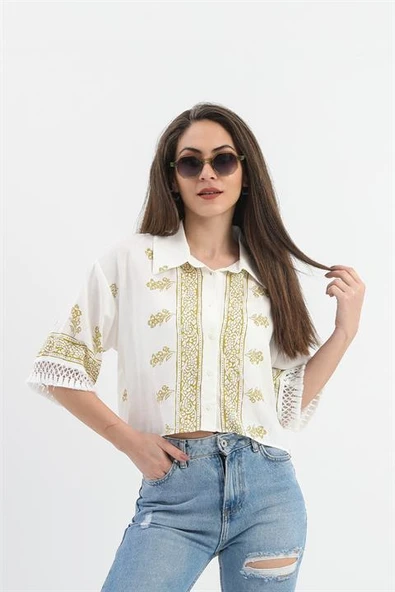 Antik Desenli Kolları Püsküllü Gömlek - Haki - Resim 4