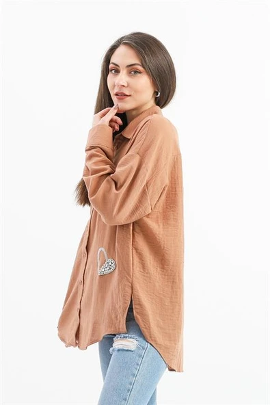 Taşlı Kalp İşlemeli Keten Gömlek - Vizon - Resim 4