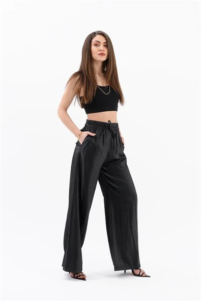 Parlak Keten Cepli Beli Lastikli Pantolon - Siyah - Resim 3