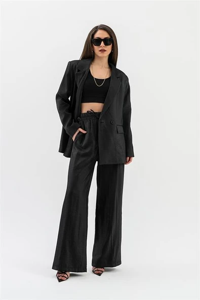 Parlak Keten Cepli Beli Lastikli Pantolon - Siyah - Resim 4