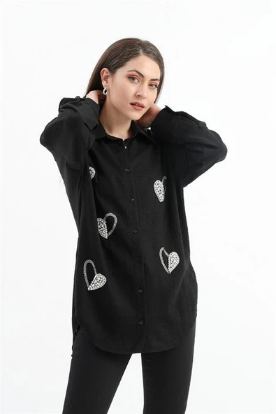 Taşlı Kalp İşlemeli Keten Gömlek - Siyah - Resim 5